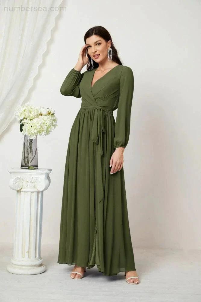 Sunnderly Evening Dresses Deep V-Neck Chiffon Bridesmaid Dresses Long Bishop Sleeve Side Split Formal Dress SY2806 by numbersea