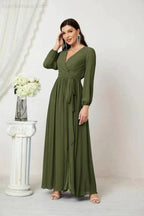 Sunnderly Evening Dresses Deep V-Neck Chiffon Bridesmaid Dresses Long Bishop Sleeve Side Split Formal Dress SY2806 by numbersea