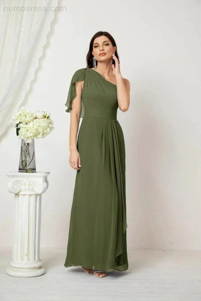 Numbersea Chiffon Ruffled One Shoulder Long Bridesmaid Dresses A-line Formal Evening Gown Side Split 2809 by numbersea