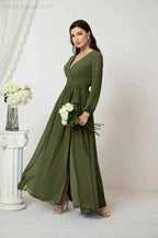 Sunnderly Evening Dresses Deep V-Neck Chiffon Bridesmaid Dresses Long Bishop Sleeve Side Split Formal Dress SY2806 by numbersea