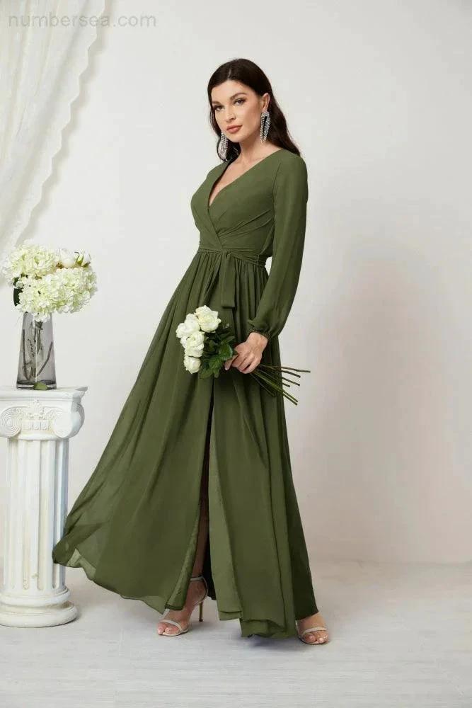 Sunnderly Evening Dresses Deep V-Neck Chiffon Bridesmaid Dresses Long Bishop Sleeve Side Split Formal Dress SY2806 by numbersea