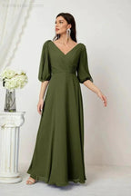 Numbersea Formal Prom Gown Women V-Neck Chiffon Bridesmaid Dresses Long Bishop Sleeve Party Dress 2807 by numbersea