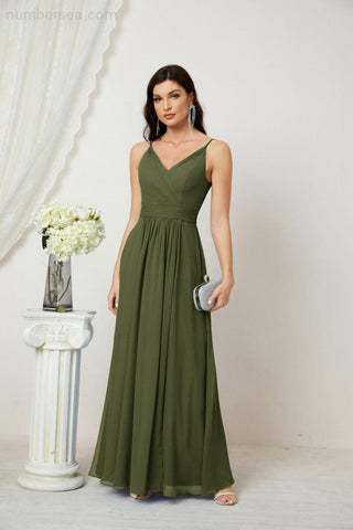 Numbersea Chiffon V-Neck Bridesmaid Dress Spaghetti Strap Long Formal Party Prom Gowns with Slit 28010