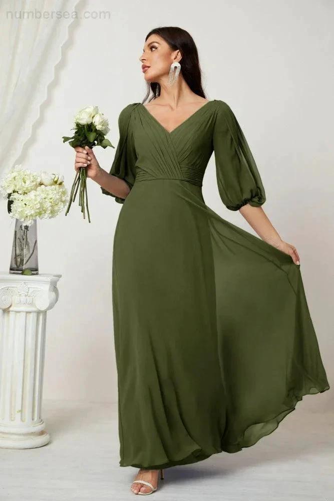 Numbersea Formal Prom Gown Women V-Neck Chiffon Bridesmaid Dresses Long Bishop Sleeve Party Dress 2807 by numbersea