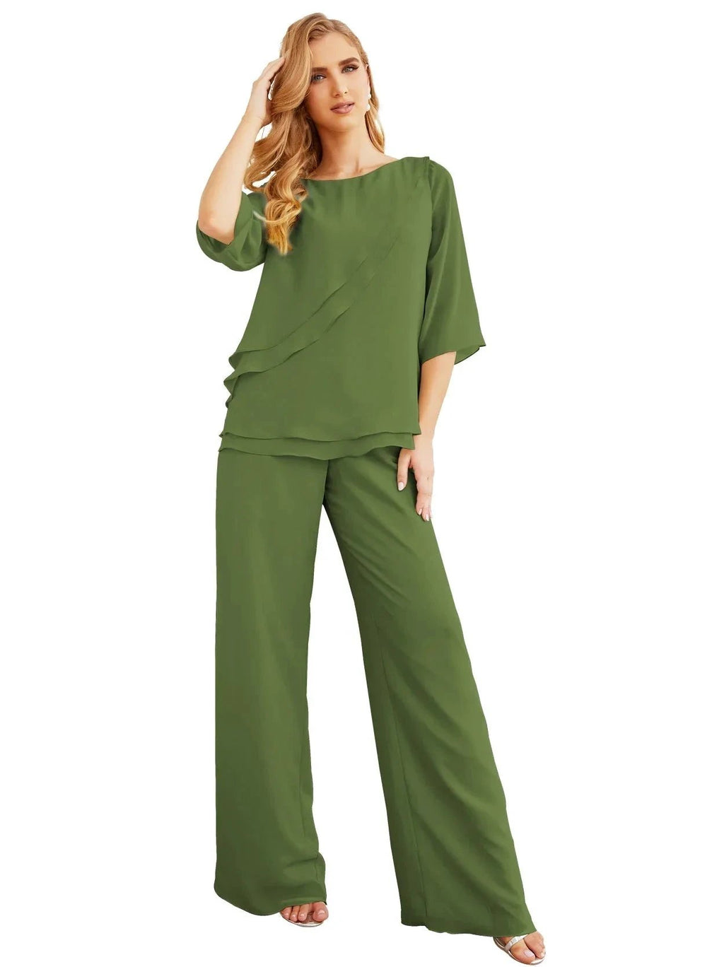 Sunnderly Elegant 2 Piece Mother of The Bride Dress Plus Size Pant Suits Ruffle Layers Sliver Housecoat SY28064 by numbersea