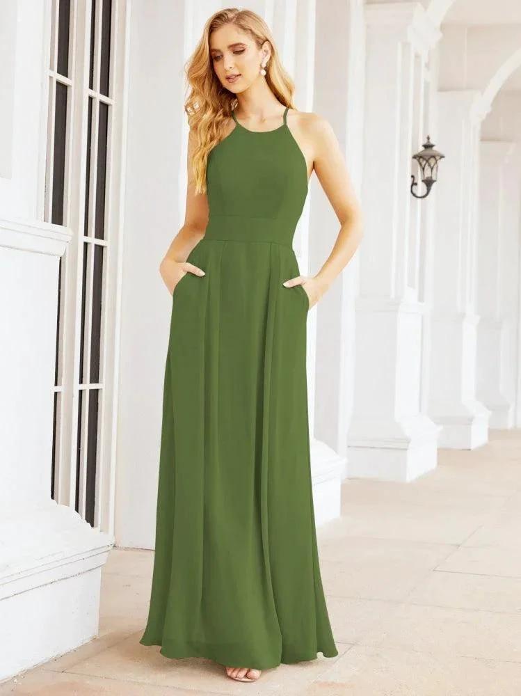 Numbersea Halter Bridesmaid Dresses with Pockets Sleeveless Formal Evening Party Prom Gowns 28055 by numbersea