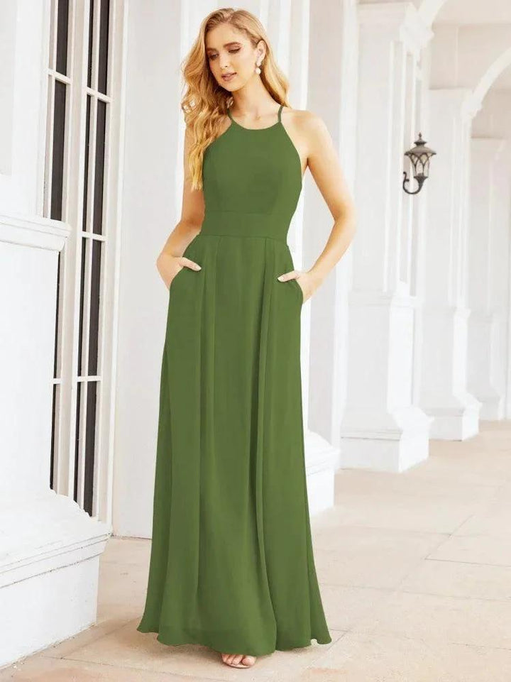 Numbersea Halter Bridesmaid Dresses with Pockets Sleeveless Formal Evening Party Prom Gowns 28055 by numbersea