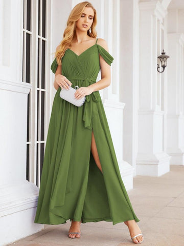 Numbersea Off The Shoulder Chiffon Bridesmaid Dress Long Formal Graduation Gown with Cowl Back 28069