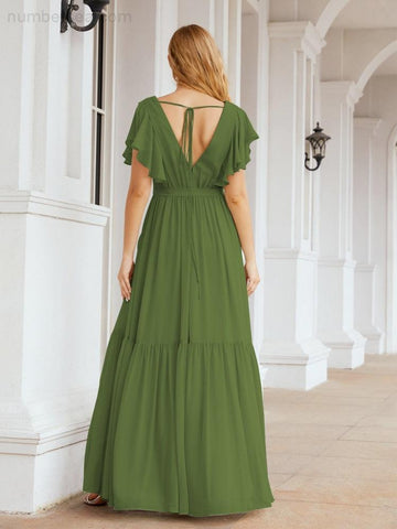 Numbersea Women's Open Back Formal Evening Party Prom Gowns V-Neck Long Chiffon Bridesmaid Dresses with Waist Belt 28038