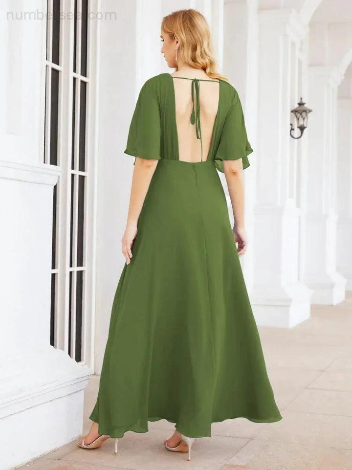 Numbersea V-Neck Bridesmaid Dress Chiffon Long Open Back Formal Dresses for Women Party Evening 28067 by numbersea