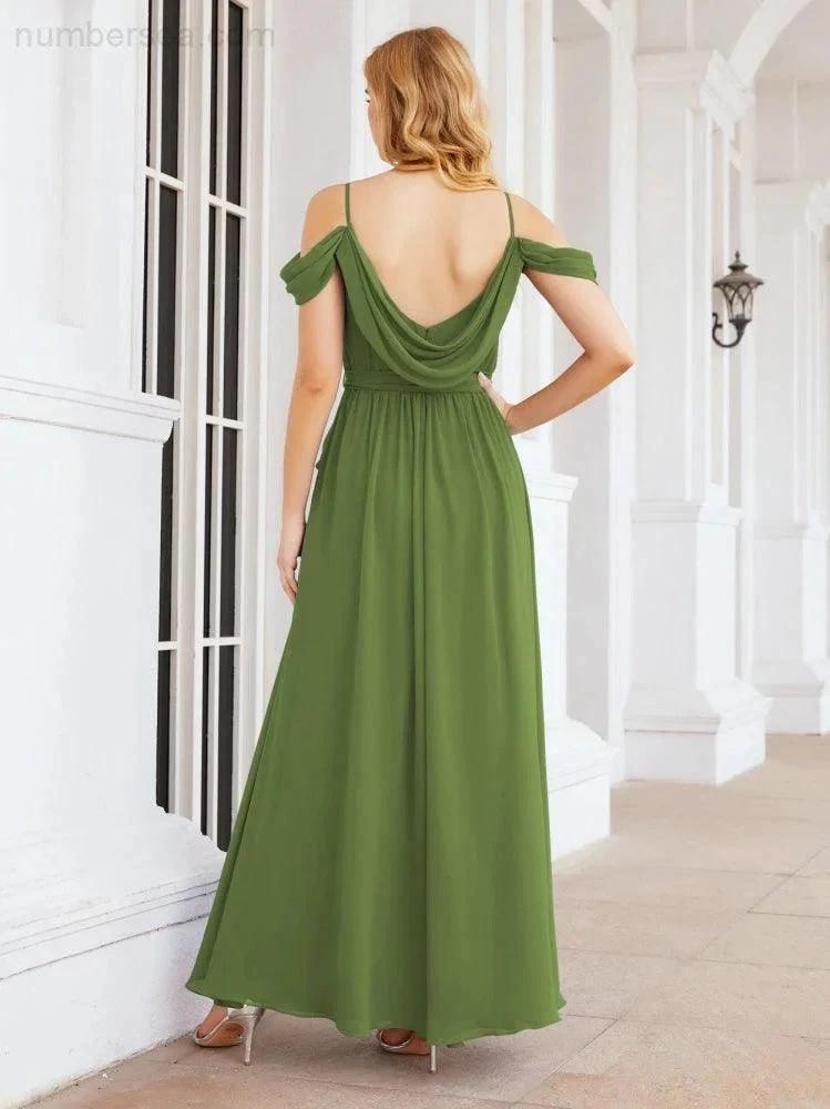 Numbersea Off The Shoulder Chiffon Bridesmaid Dress Long Formal Graduation Gown with Cowl Back 28069 by numbersea