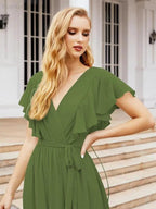 Numbersea Women's Open Back Formal Evening Party Prom Gowns V-Neck Long Chiffon Bridesmaid Dresses with Waist Belt 28038 by numbersea