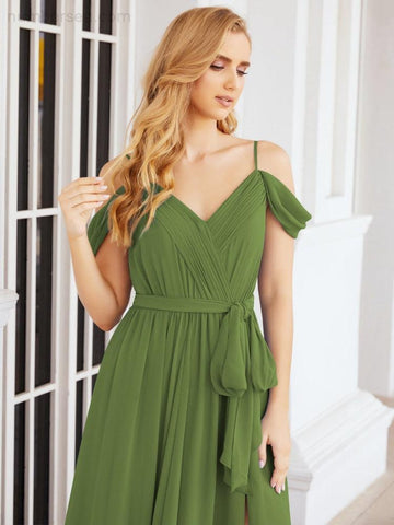 Numbersea Off The Shoulder Chiffon Bridesmaid Dress Long Formal Graduation Gown with Cowl Back 28069