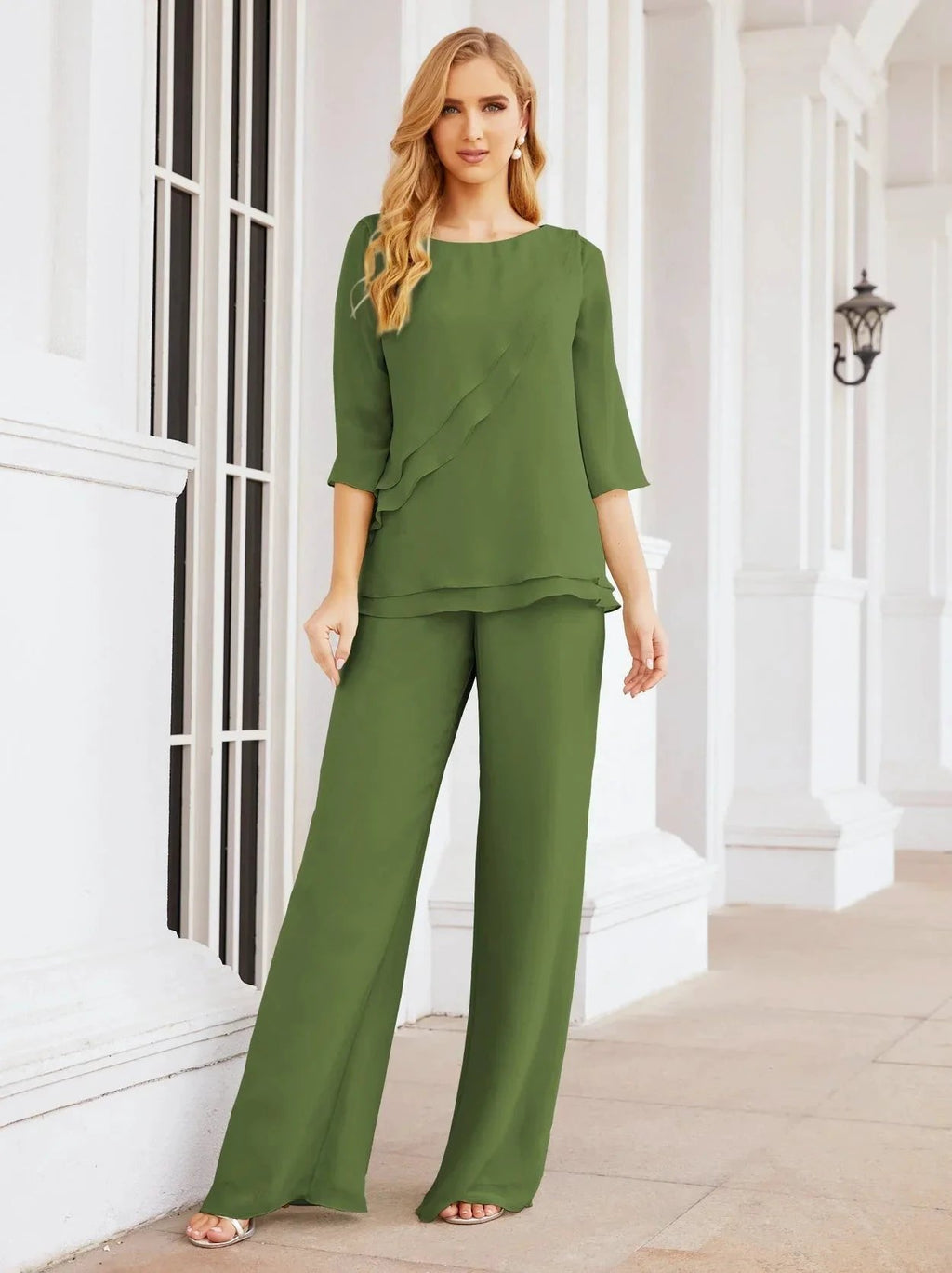 Sunnderly Elegant 2 Piece Mother of The Bride Dress Plus Size Pant Suits Ruffle Layers Sliver Housecoat SY28064 by numbersea