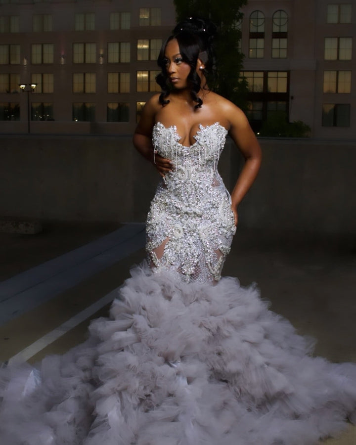 The Silver Cloud - 2026 Crystal Beaded Mermaid Gown: Sweetheart Neckline with Cascading Crystal Fringe &amp; Extravagant White Tulle Cloud Ruffle Train