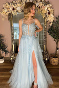 Tammy | Light Blue Floral Lace Split Neck A-Line Prom Dress with Slit by KissProm