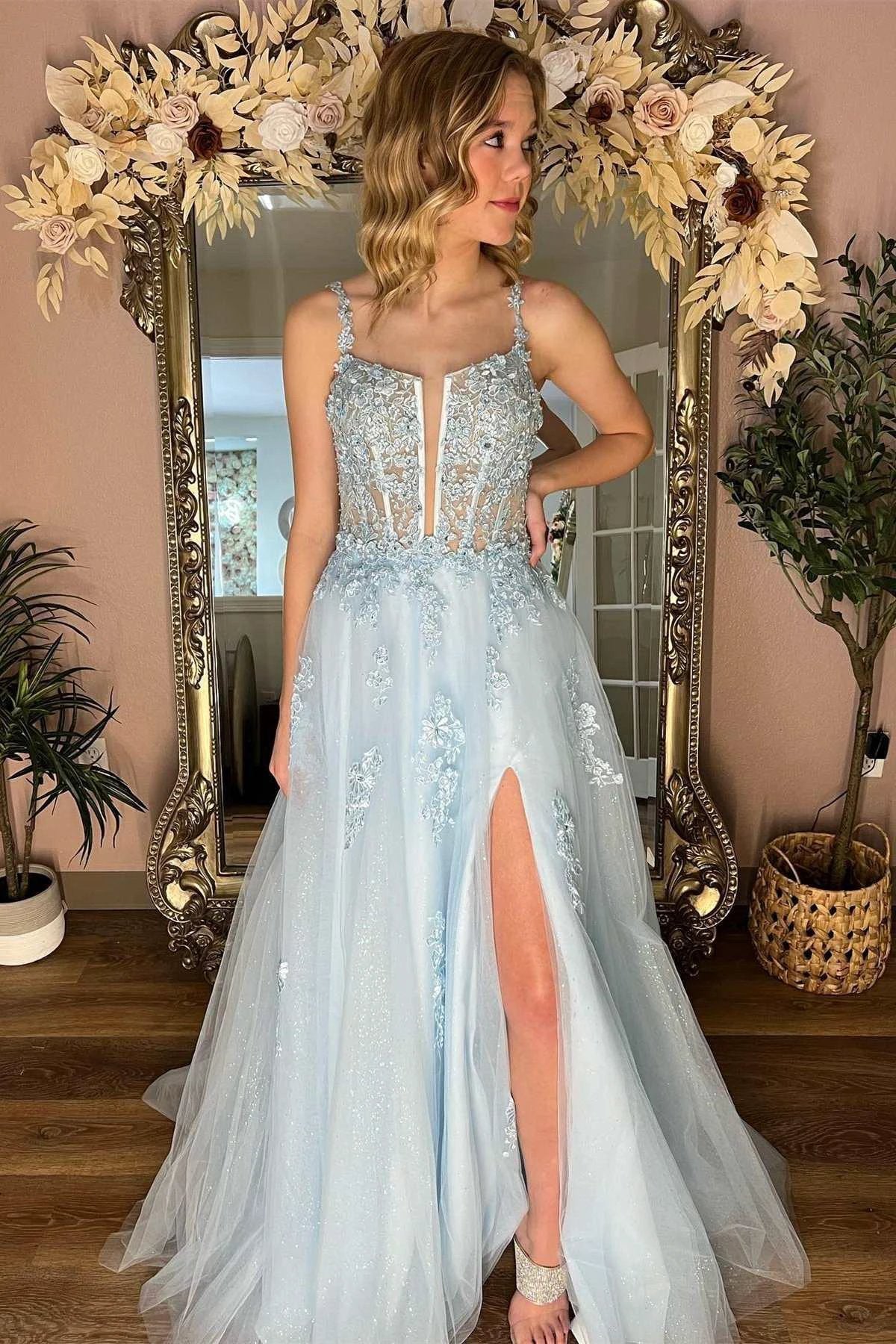 Tammy | Light Blue Floral Lace Split Neck A-Line Prom Dress with Slit by KissProm