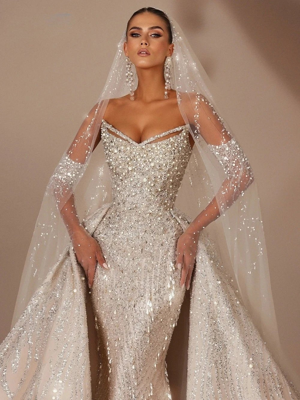 Royal V Neck Wedding Dress With Detachable Train Sequin Beaded Bride Gown by ZAPDRESS