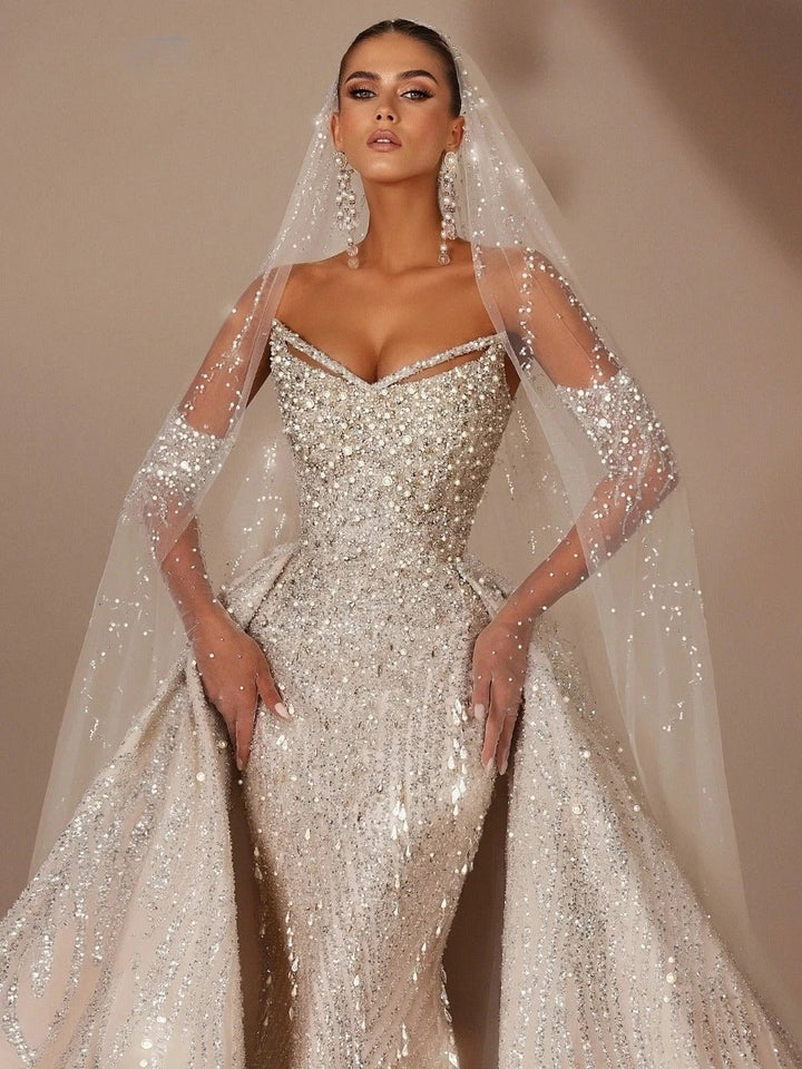 Royal V Neck Wedding Dress With Detachable Train Sequin Beaded Bride Gown by ZAPDRESS