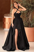 Sleek and Stylish Black Halter Strapless Sleeveless A Line Prom Dress with Split Front by BIZTUNNEL