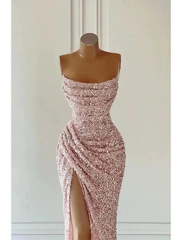 Elegantes Kleid, formeller Abschlussball, bodenlang, ärmellos, trägerlos, mit Pailletten und Glitzer-Pailletten, Abschlussballkleider