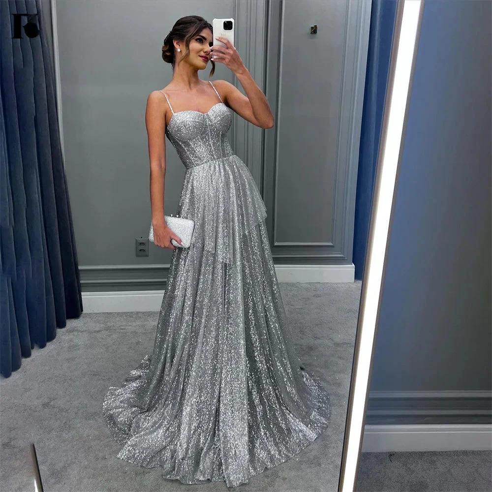 Spaghetti Strap Silver Prom Dress Party Dress Sequin Tiered Celebrity Gown Wedding Party Dress by Sunnderly