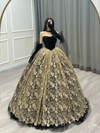 Vintage / Retro Gold Black Printing Ball Gown Corset Backless Floor-Length / Long Prom Formal Y7157 by simplepromdress