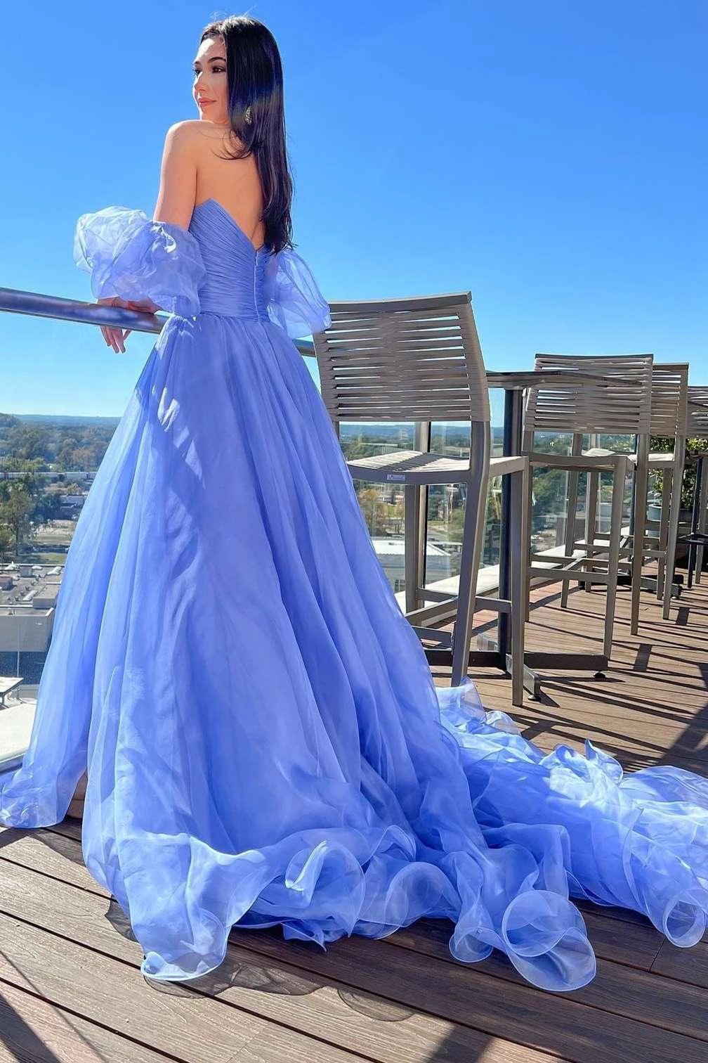 Lavender Strapless A-Line Prom Dress with Puff Sleeves by KissProm