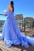 Lavender Strapless A-Line Prom Dress with Puff Sleeves by KissProm