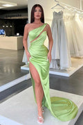 Sleek Light Green One-Shoulder Sleeveless Prom Dress with Long Slit by BIZTUNNEL
