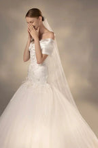 Gorgeous Long Ball Gown Off-the-Shoulder Satin & Tulle Wedding Dress with 3D Embroidery & Cathedral Train Q6013 by ZAPDRESS