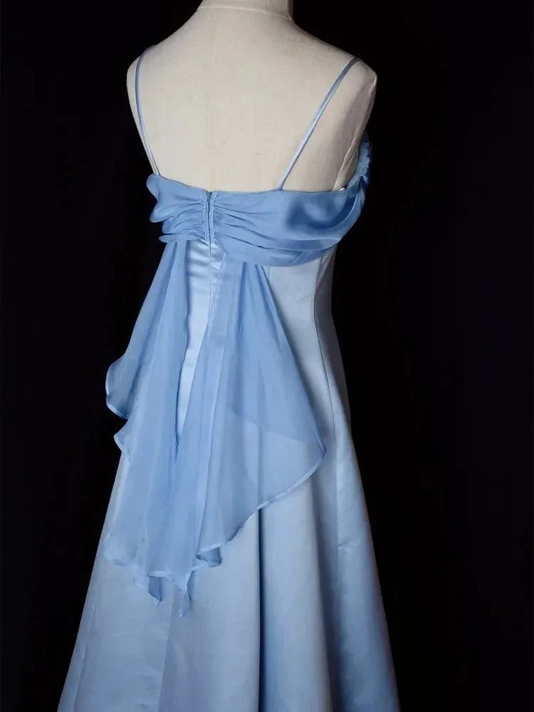 Elegant Blue Satin Spaghetti Straps Evening Gown A Line Long Party Dress Prom Dress Y7557 by simplepromdress