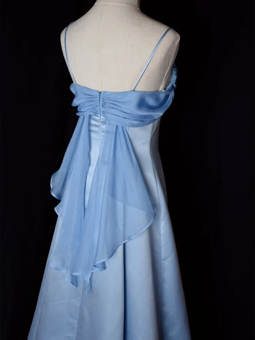 Elegante vestido de noche de satén azul con tirantes finos, corte A, largo, para fiesta y graduación, Y7557