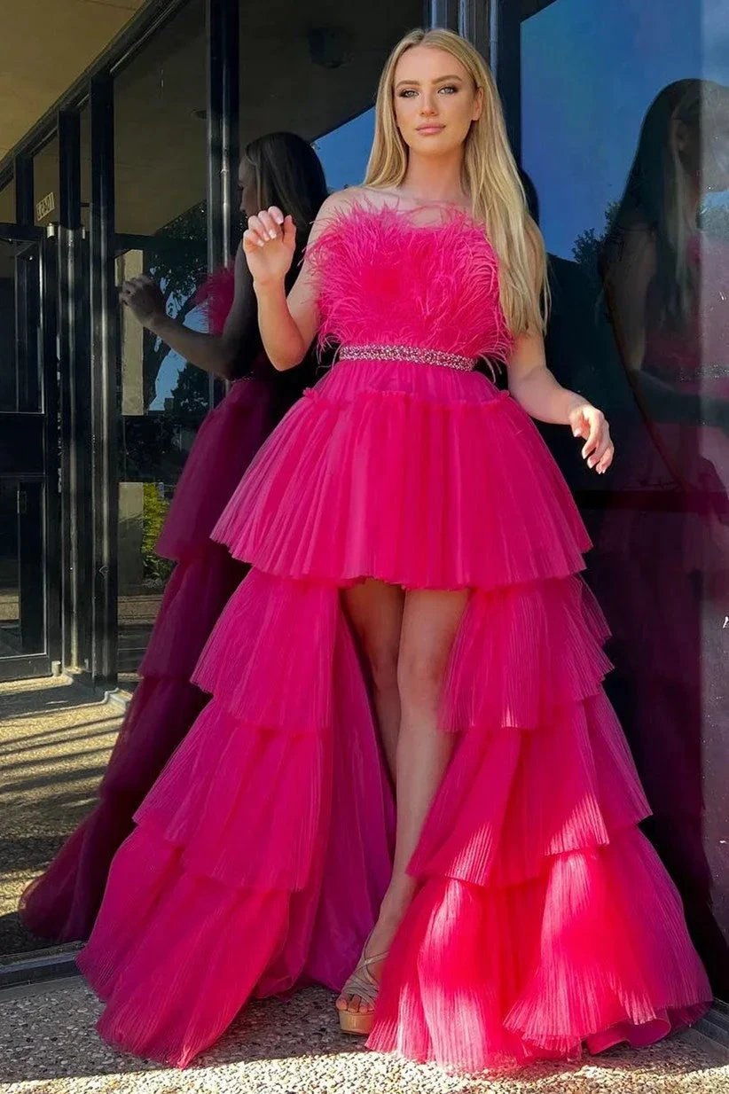 Marie| Fuchsia A-line High-Low Strapless Ruffled Tulle Prom Dress with Feathers by KissProm