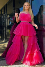 Marie| Fuchsia A-line High-Low Strapless Ruffled Tulle Prom Dress with Feathers by KissProm