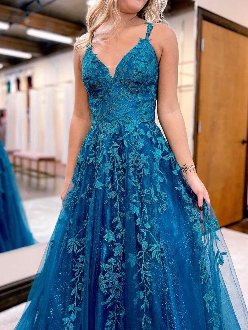 Floral Lace Glitter Tulle Prom Dress Long Ball Gown V Neck Formal Evening Dress Maxi Party Gown by Sunnderly