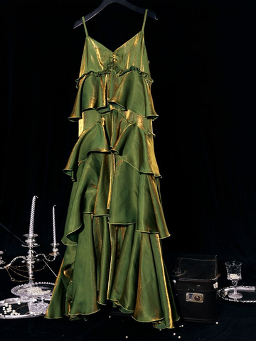 Vestido de fiesta largo vintage verde con volantes escalonados Y7548