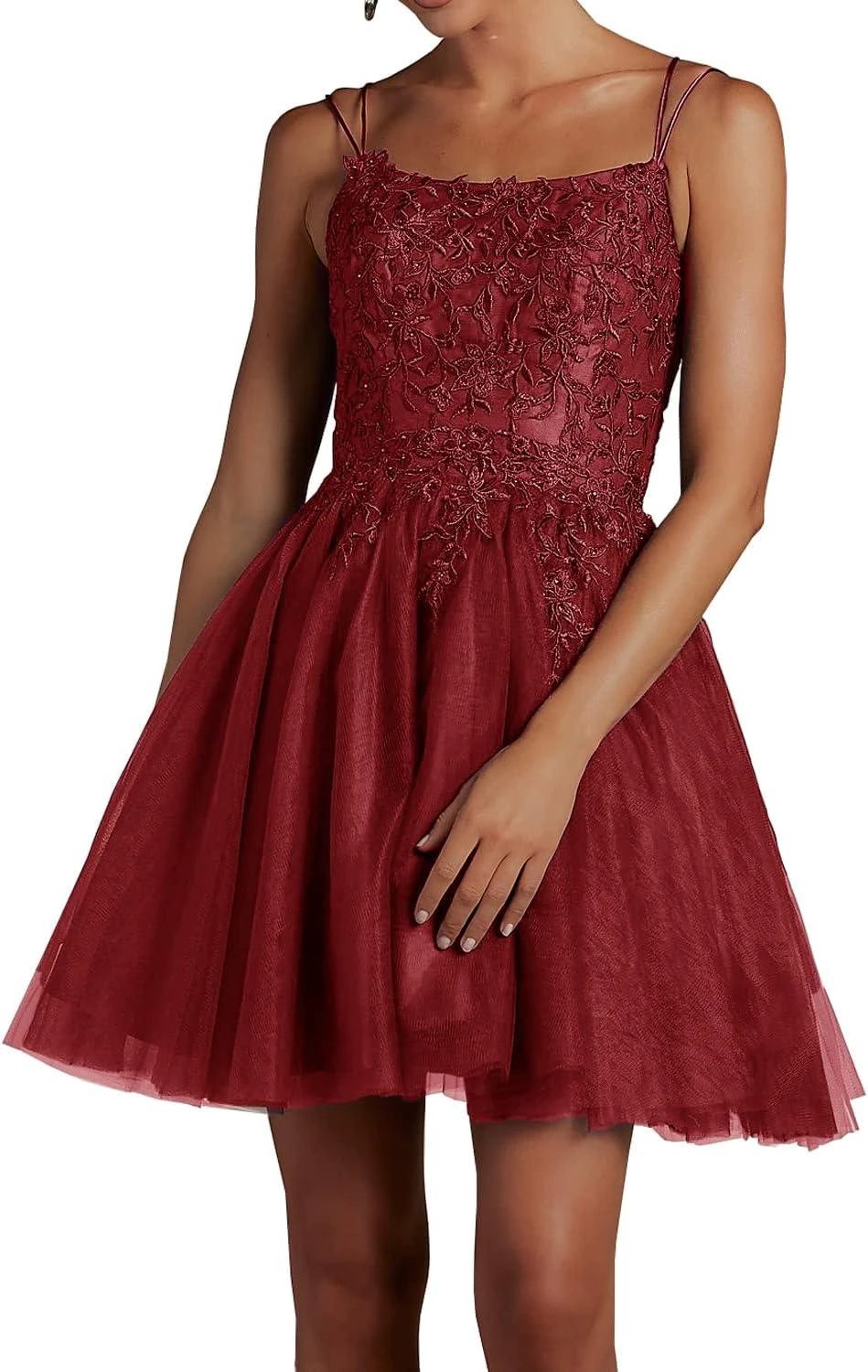 Modest Lace Beaded Tulle Homecoming Dresses Short Square Neck Prom Dress Spaghetti Straps Party Gown by Sunnderly
