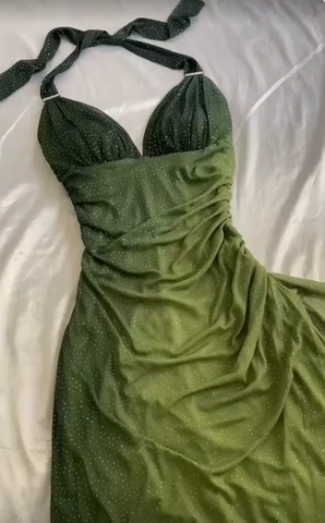 Vestido de fiesta de noche sexy de gasa con cuello en V y escote halter verde degradado Y7484
