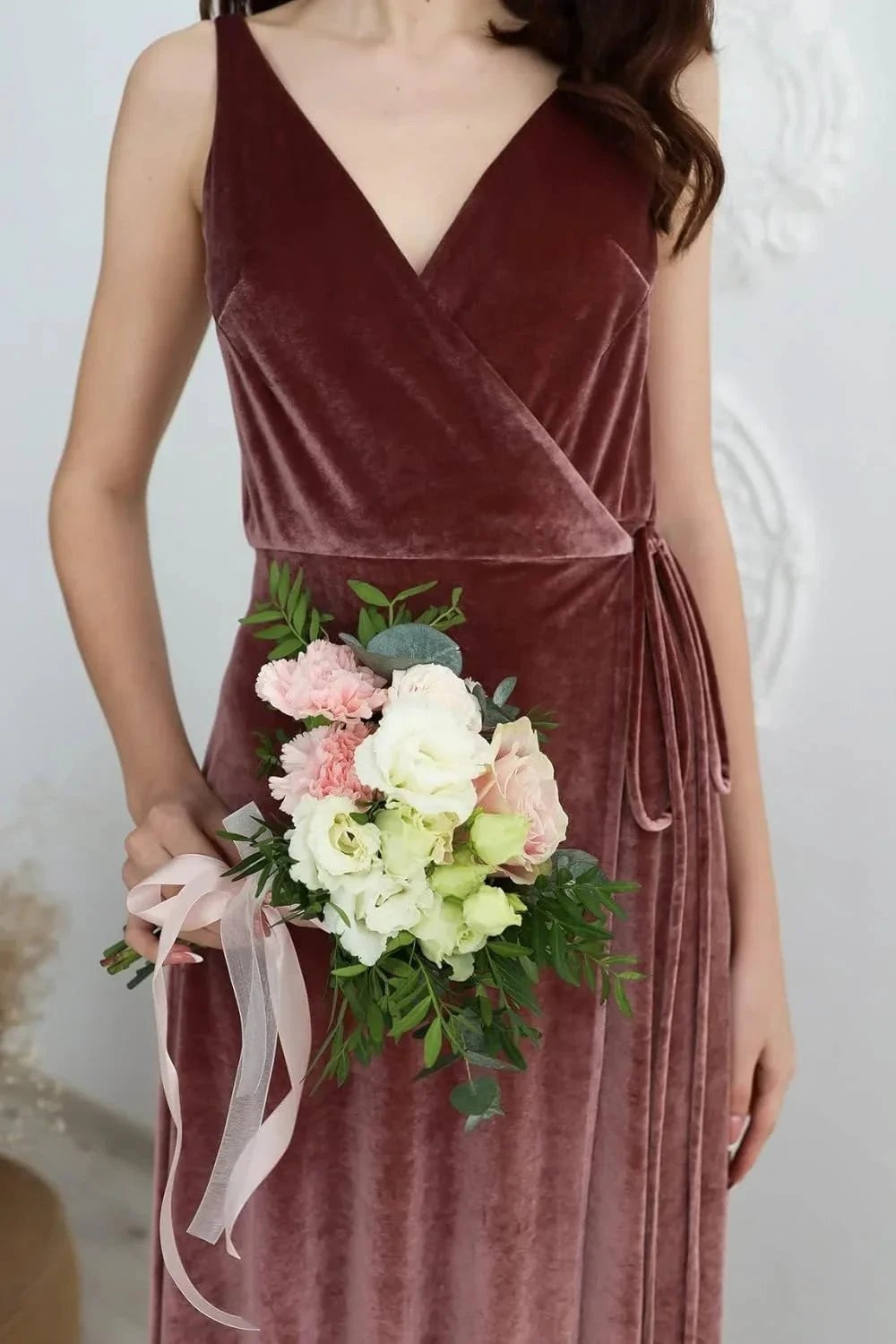 Velvet V Neck Bridesmaid Dress Long Women's Prom Formal Party Gown with Slit by Sunnderly