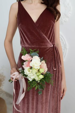 Vestido de dama de honor largo de terciopelo con escote en V para mujer, vestido formal de fiesta de graduación con abertura 