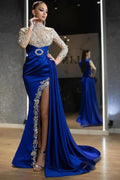 Long Sleeve Royal Blue Elegance Prom Dress with Beaded Details and Ruffled Split by BIZTUNNEL