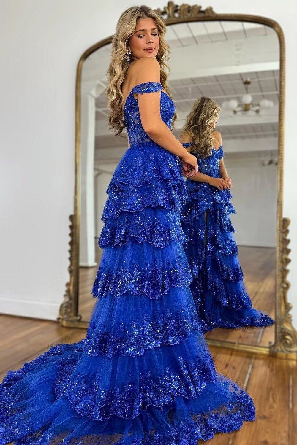 Sparkly Tiered Lace Tulle Prom Dresses Long 2025 Spaghetti Straps Formal Corset Evening Gown with Slit by Sunnderly
