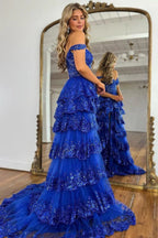 Sparkly Tiered Lace Tulle Prom Dresses Long 2025 Spaghetti Straps Formal Corset Evening Gown with Slit by Sunnderly