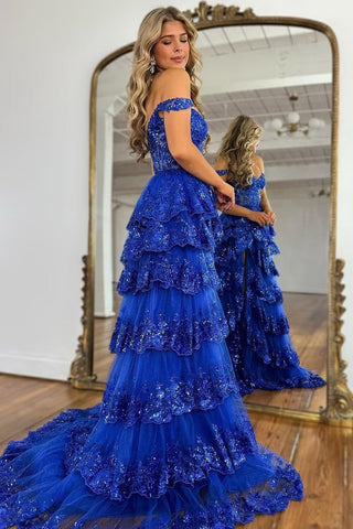 Vestidos de fiesta de tul con encaje escalonado brillante, largos, 2025, tirantes finos, vestido de noche formal con corsé y abertura 
