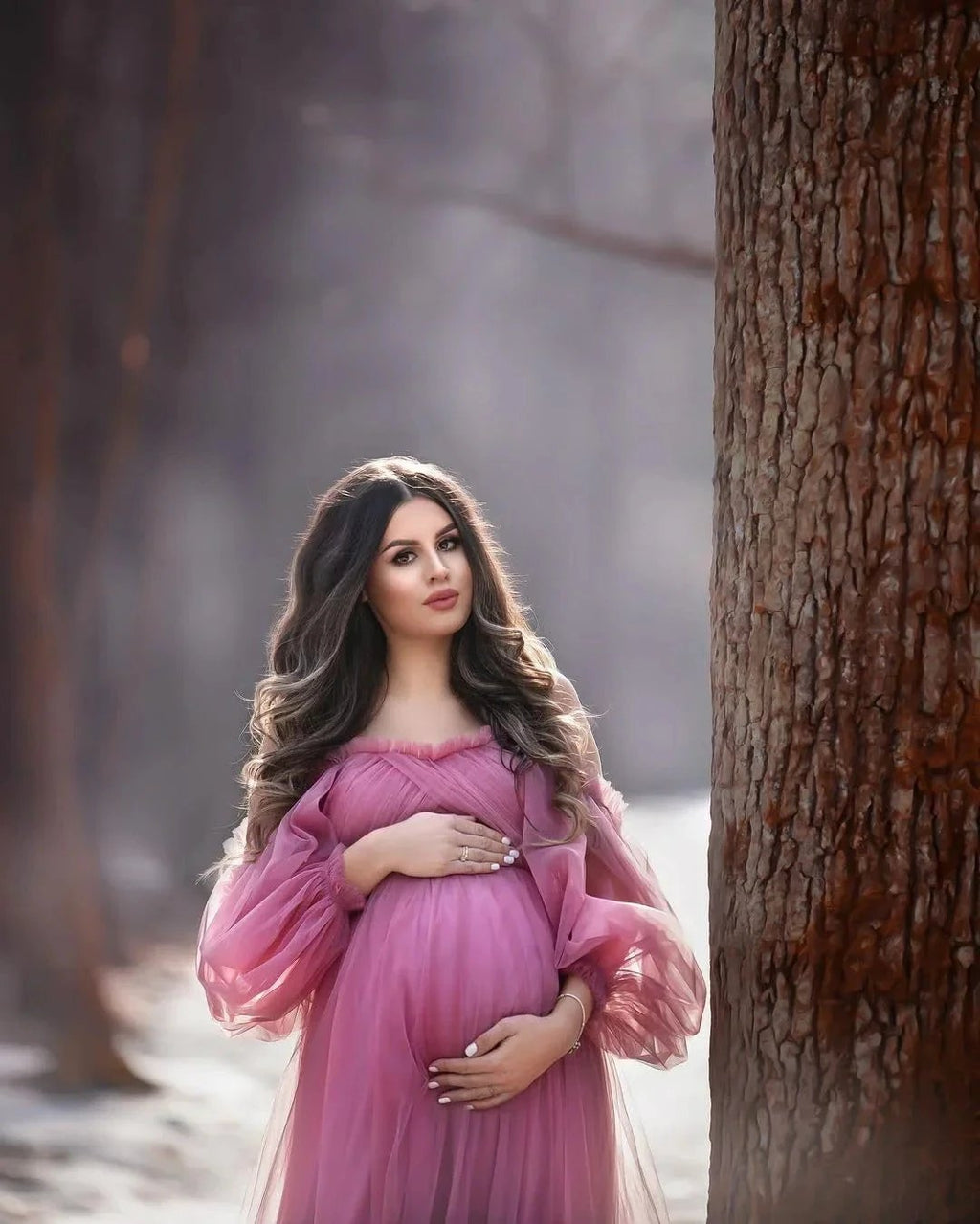 Puffy Sleeve Maternity Dress Tulle Robe for Photoshoot Off Shoulder Pregnancy Baby Shower Gown by Sunnderly