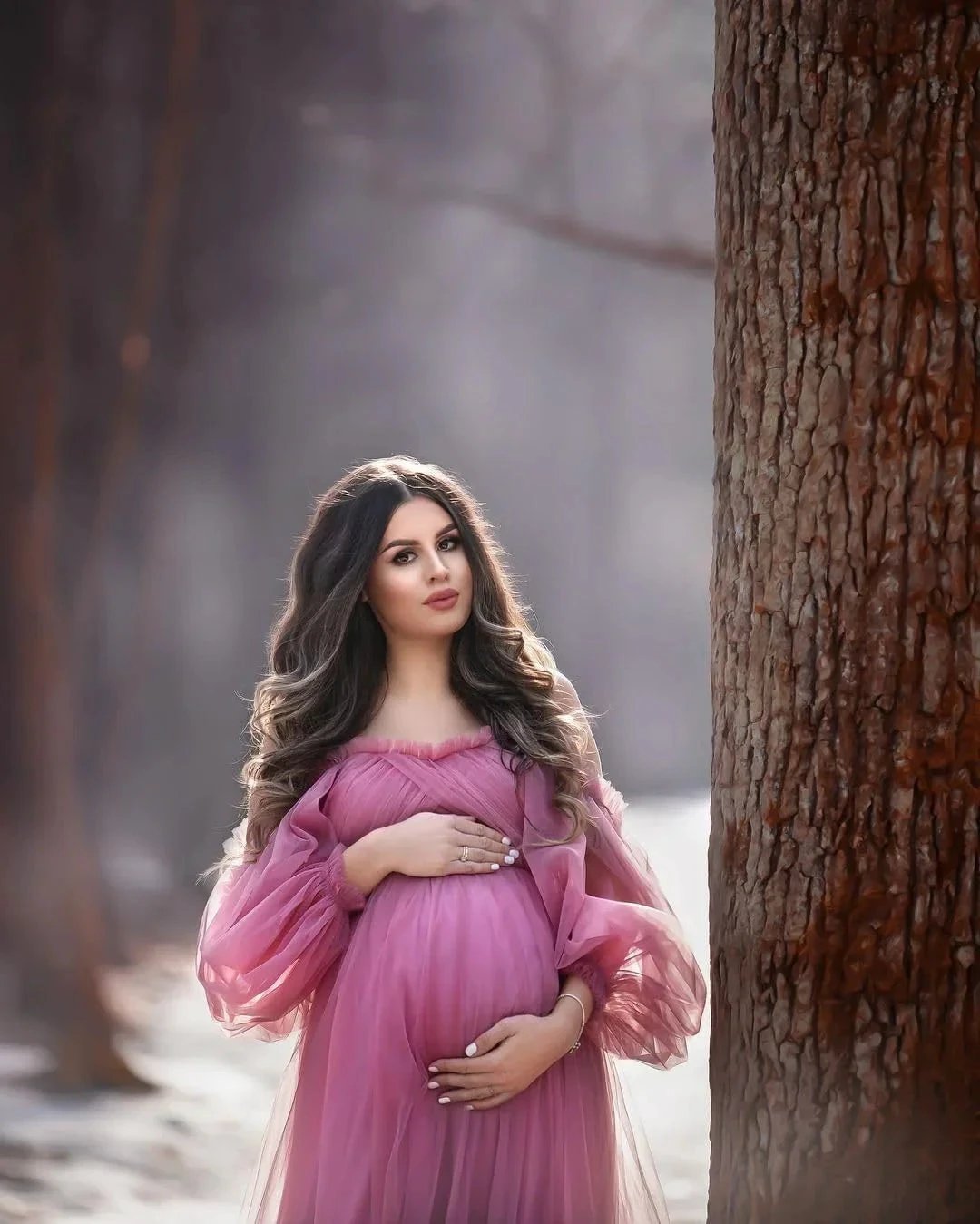 Puffy Sleeve Maternity Dress Tulle Robe for Photoshoot Off Shoulder Pregnancy Baby Shower Gown by Sunnderly