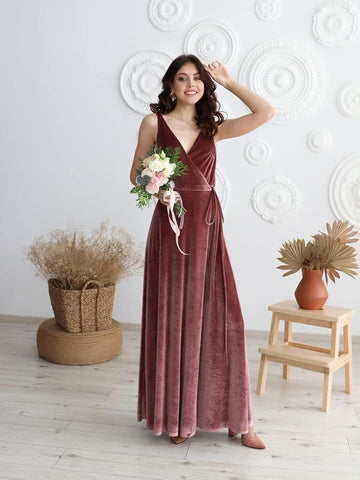 Vestido de dama de honor largo de terciopelo con escote en V para mujer, vestido formal de fiesta de graduación con abertura 