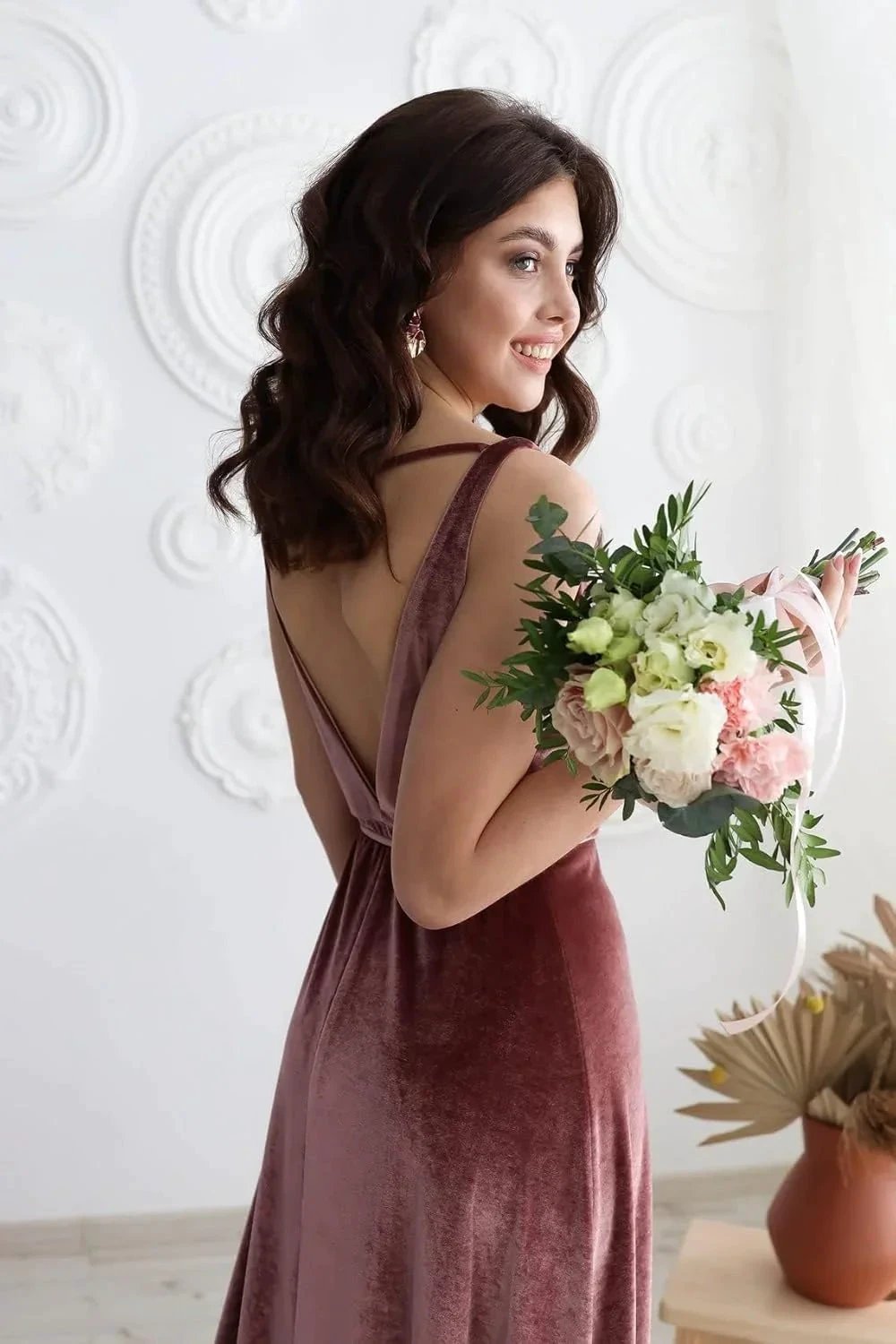 Velvet V Neck Bridesmaid Dress Long Women's Prom Formal Party Gown with Slit by Sunnderly