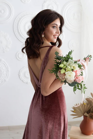 Vestido de dama de honor largo de terciopelo con escote en V para mujer, vestido formal de fiesta de graduación con abertura 